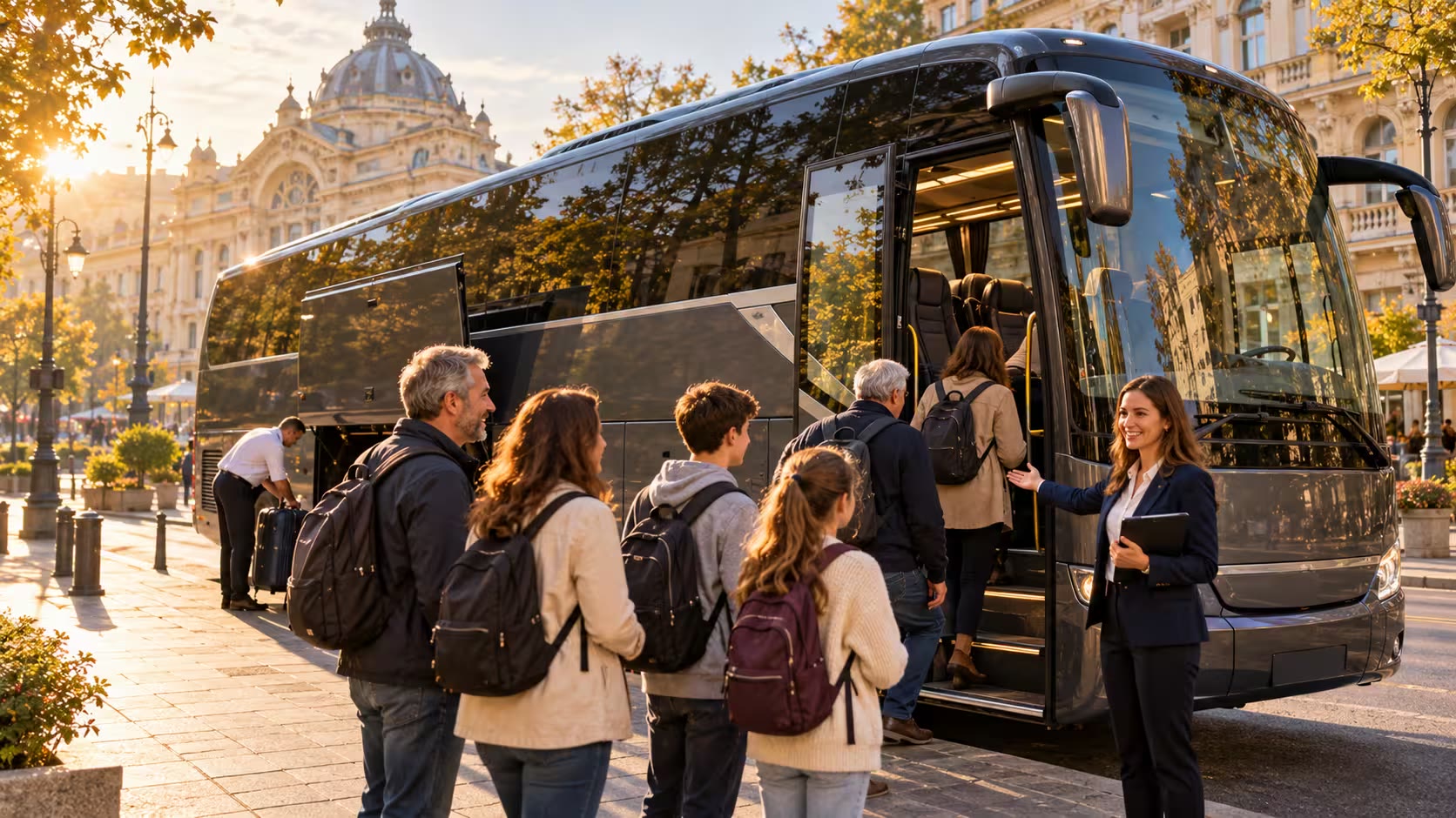 Travellers boarding the tour coach in Bucharest